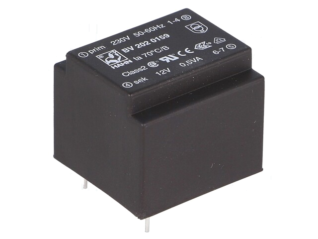 Transformator: ingegoten; 0,5VA; 230VAC; 12V; 42mA; PCB; BV Transformator: ingegoten; 0,5VA; 230VAC; 12V; 42mA; PCB; BV